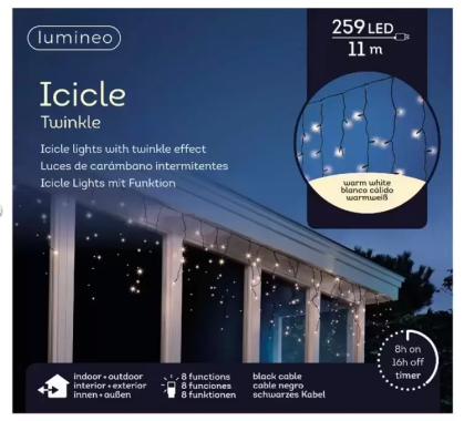 Lumineo LED Icicle Lights Twinkle 11m, 259 LEDs, schwarz/warmesweiß, 494831